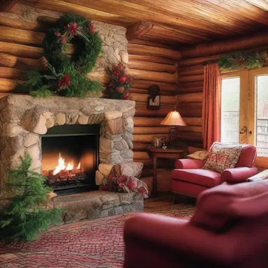 The cozy cabin featured a grand fireplace with a mantel adorned with fragrant evergreen branches during the holiday season.