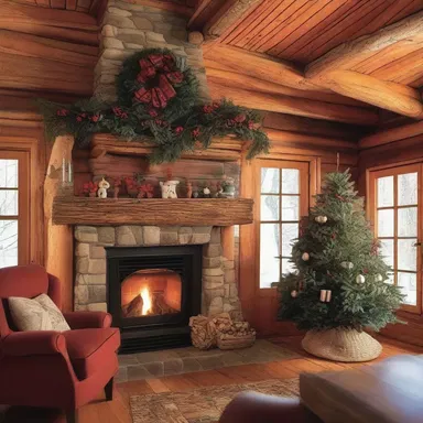 The cozy cabin featured a grand fireplace with a mantel adorned with fragrant evergreen branches during the holiday season.