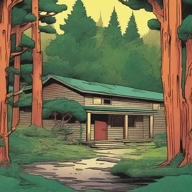 In the comic book, the superhero's headquarters was hidden in an ancient evergreen forest.