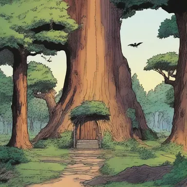 In the comic book, the superhero's headquarters was hidden in an ancient evergreen forest.