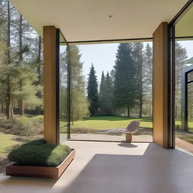 The modern house was designed with large windows overlooking a beautiful garden filled with various evergreens.