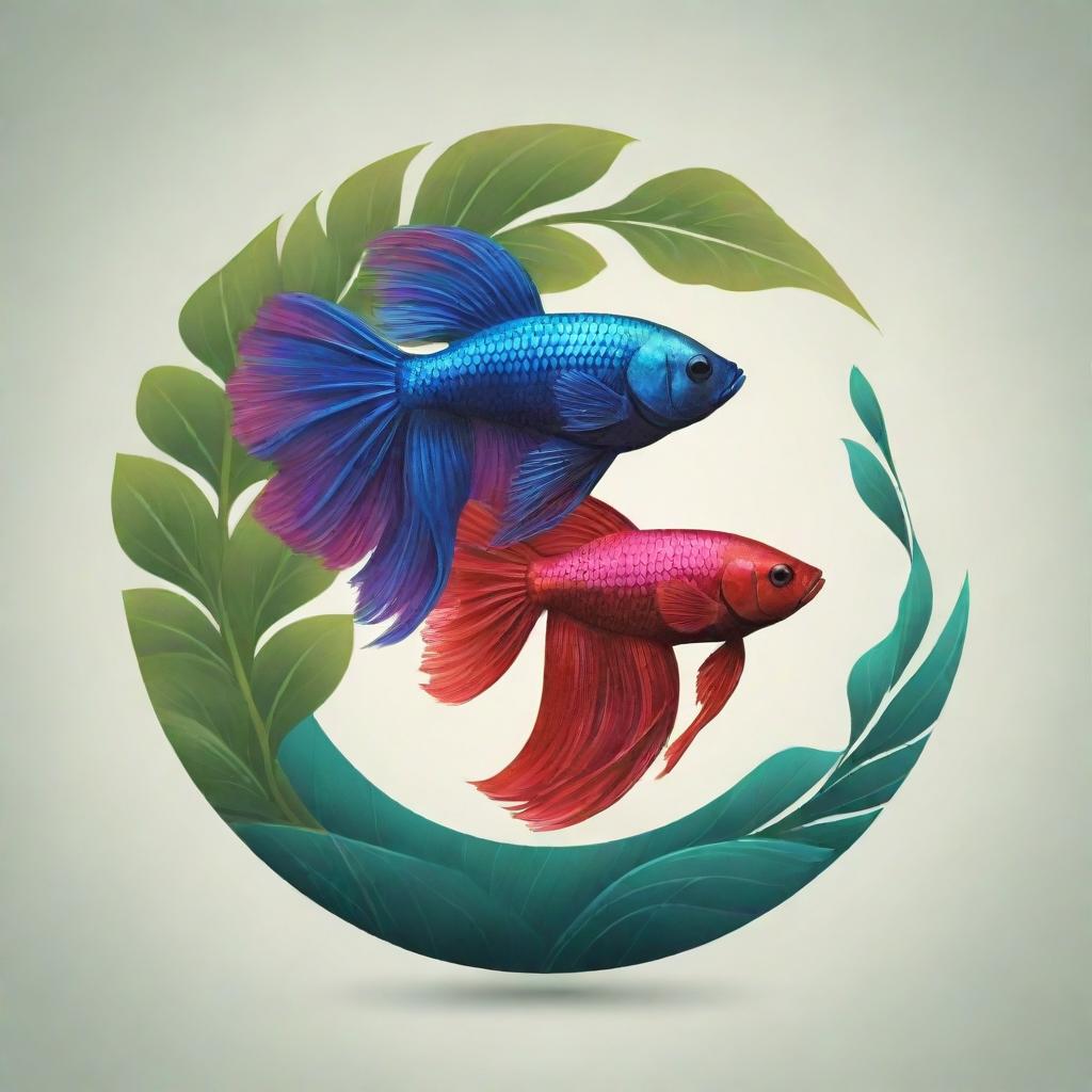 A logo in an illustrated style combining a robust tree and a vibrant Betta fish. Ensure contrasts between leaves and fish, expressing elegance and solidity.