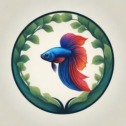 A logo in an illustrated style combining a robust tree and a vibrant Betta fish. Ensure contrasts between leaves and fish, expressing elegance and solidity.