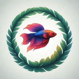 A logo in an illustrated style combining a robust tree and a vibrant Betta fish. Ensure contrasts between leaves and fish, expressing elegance and solidity.