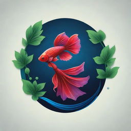 A logo in an illustrated style combining a robust tree and a vibrant Betta fish. Ensure contrasts between leaves and fish, expressing elegance and solidity.