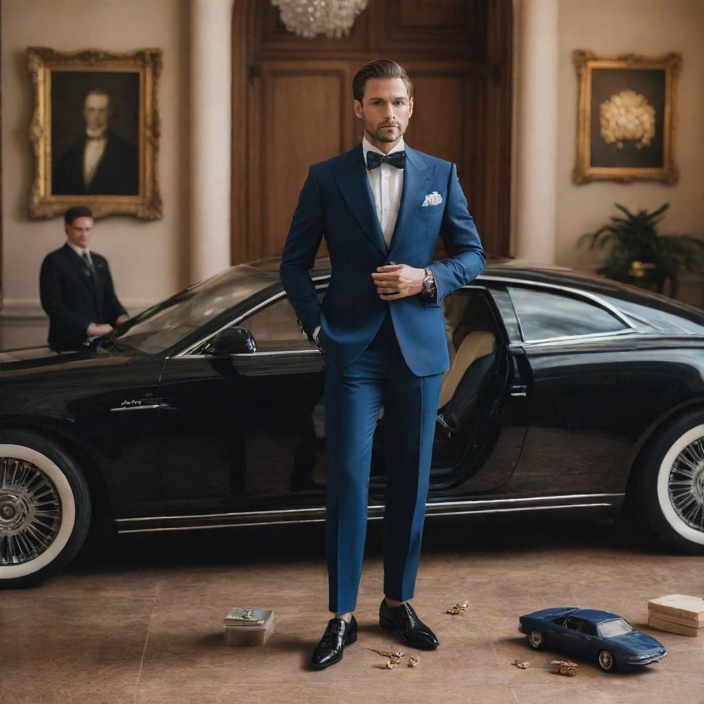 A classy, sophisticated man, elegantly dressed in a tailored suit, surrounded by symbols of wealth such as a luxurious car, mansion, private jet, and rare art collections.