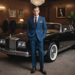 A classy, sophisticated man, elegantly dressed in a tailored suit, surrounded by symbols of wealth such as a luxurious car, mansion, private jet, and rare art collections.