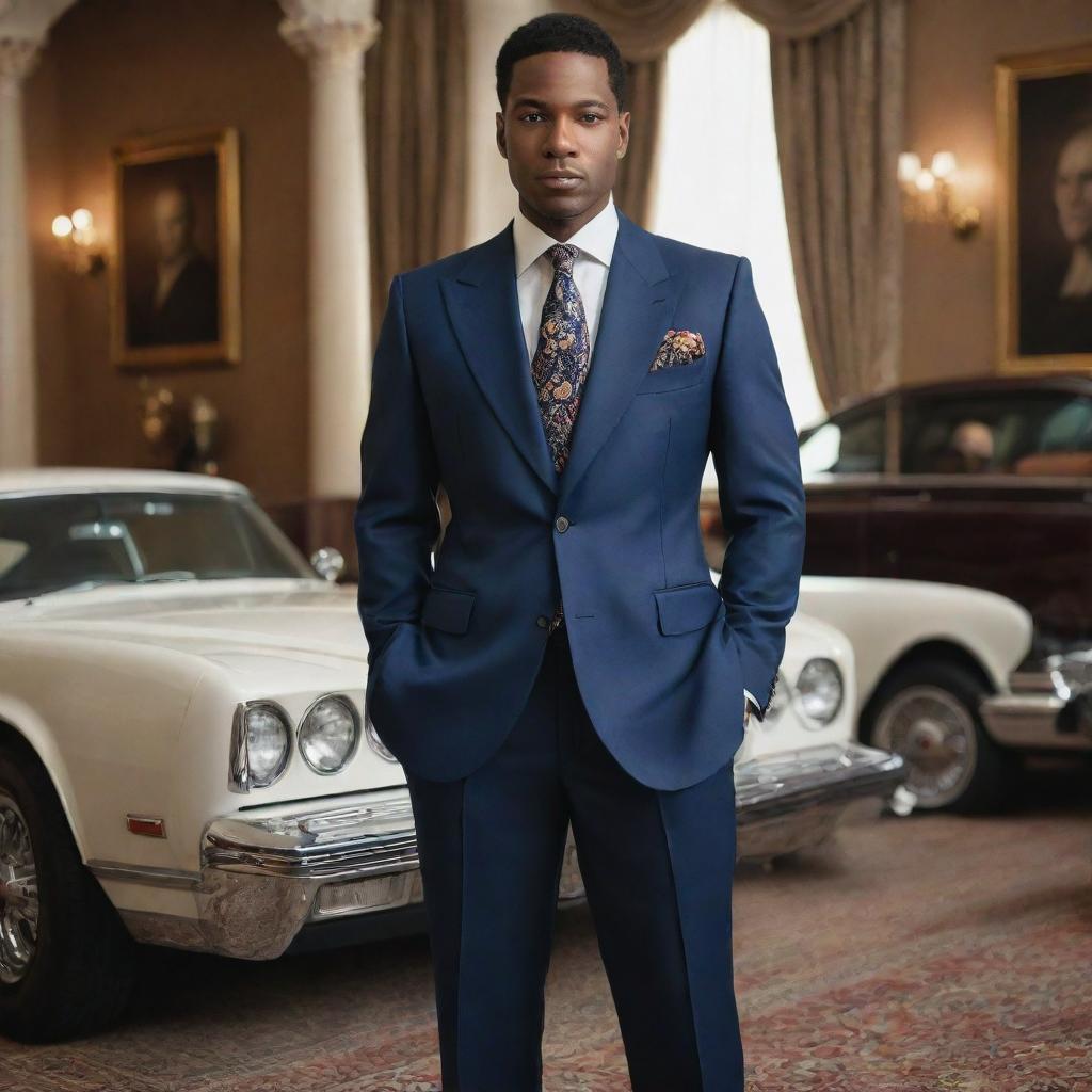 A classy, sophisticated man, elegantly dressed in a tailored suit, surrounded by symbols of wealth such as a luxurious car, mansion, private jet, and rare art collections.