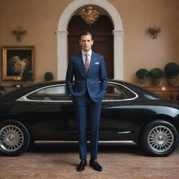 A classy, sophisticated man, elegantly dressed in a tailored suit, surrounded by symbols of wealth such as a luxurious car, mansion, private jet, and rare art collections.