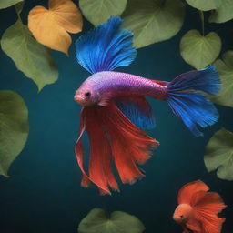 An illustrative image blending the elegance of vibrant colored Betta fish intertwined with a sturdy tree, emphasizing contrast between the fish and tree leaves.