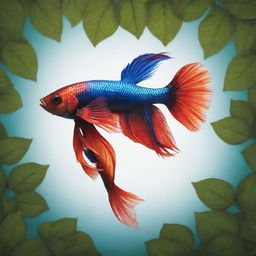 An illustrative image blending the elegance of vibrant colored Betta fish intertwined with a sturdy tree, emphasizing contrast between the fish and tree leaves.