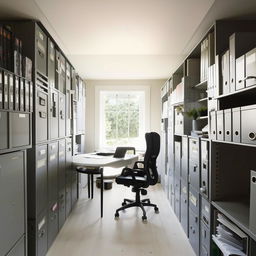 A small, elongated home office interior focusing on document management, featuring a central round table surrounded by filing cabinets, shelves with sorted paperwork, and minimalistic decor to emphasize functionality over meetings.