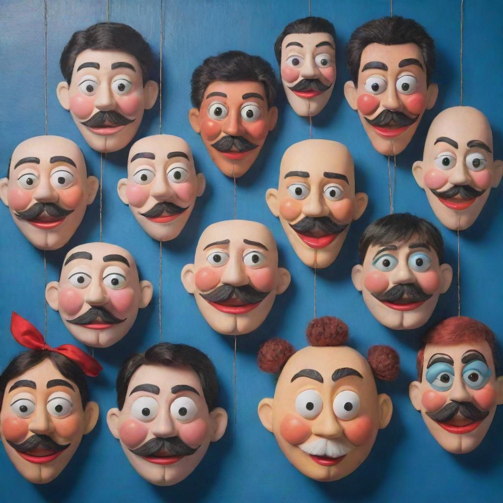 An artistic painting showcasing puppets donning cartoon character masks, depicted in a state of hanging