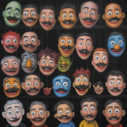 An artistic painting showcasing puppets donning cartoon character masks, depicted in a state of hanging