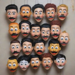 An artistic painting showcasing puppets donning cartoon character masks, depicted in a state of hanging