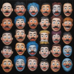 An artistic painting showcasing puppets donning cartoon character masks, depicted in a state of hanging