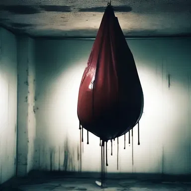 As the protagonist entered the dark, eerie basement, he stumbled upon a sweat bag hanging from the ceiling that slowly dripped blood instead of water.