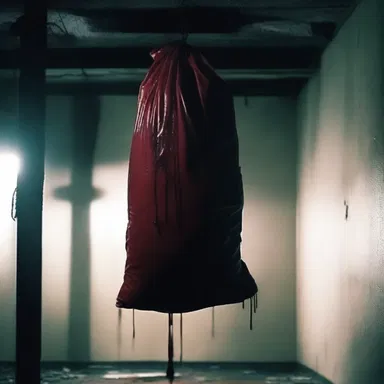 As the protagonist entered the dark, eerie basement, he stumbled upon a sweat bag hanging from the ceiling that slowly dripped blood instead of water.