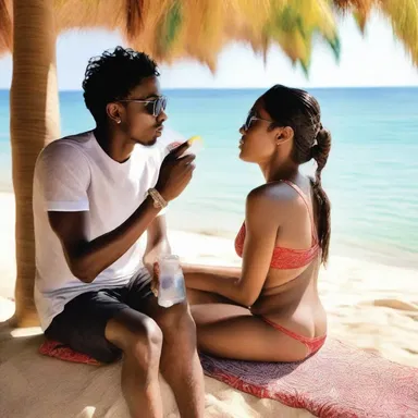 Under the scorching sun, the couple sat together in the shade, sharing sips of water from the sweat bag to cool themselves off and steal sweet kisses in private.