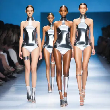 The fashion show showcased futuristic designs inspired by the concept of a boat train, incorporating metallic materials and sleek lines.
