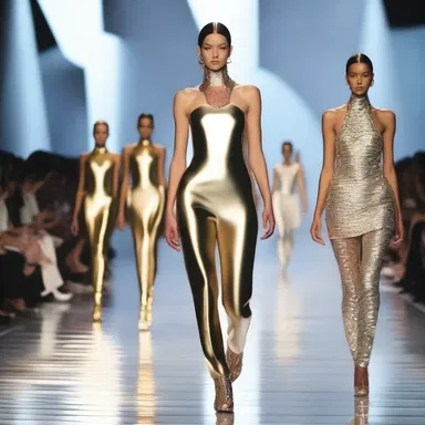 The fashion show showcased futuristic designs inspired by the concept of a boat train, incorporating metallic materials and sleek lines.