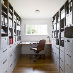 A small, elongated home office interior focusing on document management, featuring a central round table surrounded by filing cabinets, shelves with sorted paperwork, and minimalistic decor to emphasize functionality over meetings.