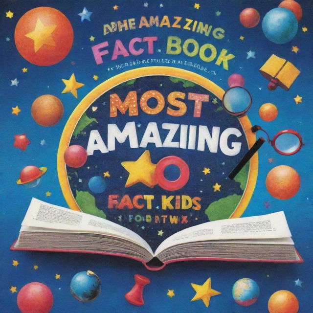 An engaging and captivating book cover titled 'The Most Amazing Fact Book for Curious Kids' filled with bright colors, fun and educational imagery such as magnifying glasses, globes, books, and stars