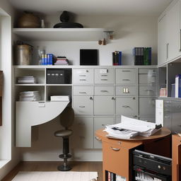 A small, elongated home office interior focusing on document management, featuring a central round table surrounded by filing cabinets, shelves with sorted paperwork, and minimalistic decor to emphasize functionality over meetings.