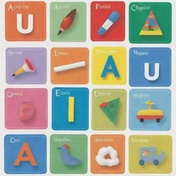 Create a colorful educational poster that showcases short vowel sounds. Each vowel (a, e, i, o, u) should be presented with an illustrative word and accompanying image. Make the vowels large and bold, ensuring they are the focal point.