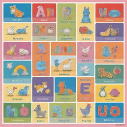 Create a colorful educational poster that showcases short vowel sounds. Each vowel (a, e, i, o, u) should be presented with an illustrative word and accompanying image. Make the vowels large and bold, ensuring they are the focal point.