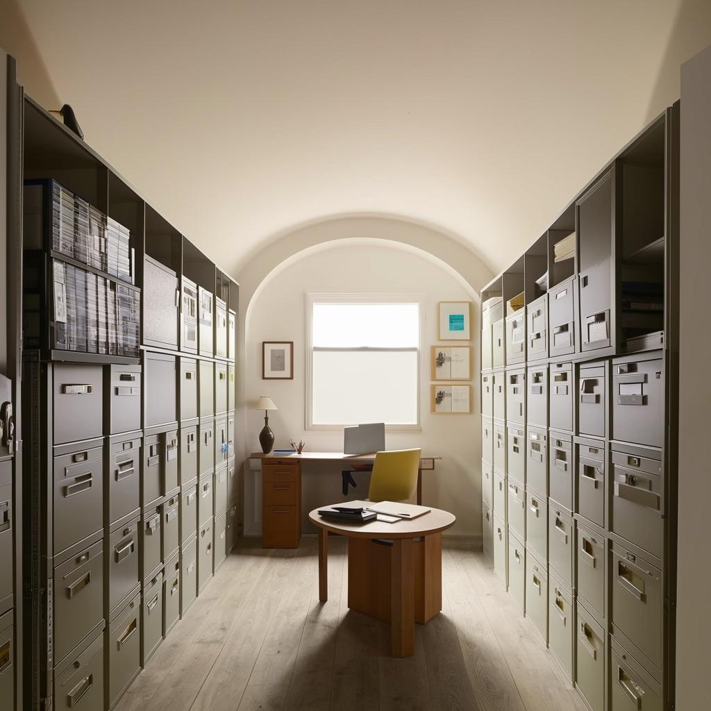 A small, elongated home office interior focusing on document management, featuring a central round table surrounded by filing cabinets, shelves with sorted paperwork, and minimalistic decor to emphasize functionality over meetings.