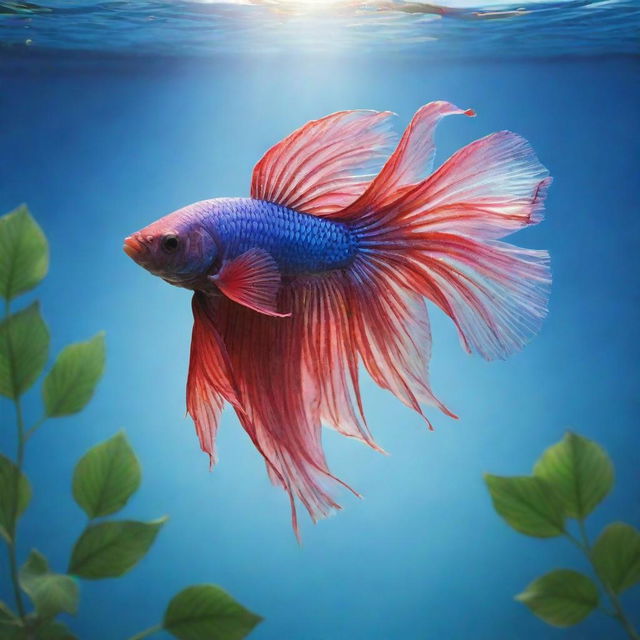 An ethereal and vibrant interpretation of a Betta fish acquiring an angelic disguise situated against a bright, dynamic sky. The idyllic scenery is enhanced by a robust Tree of Life, its lush leaves subtly toned down in contrast to the gleaming Betta fish.