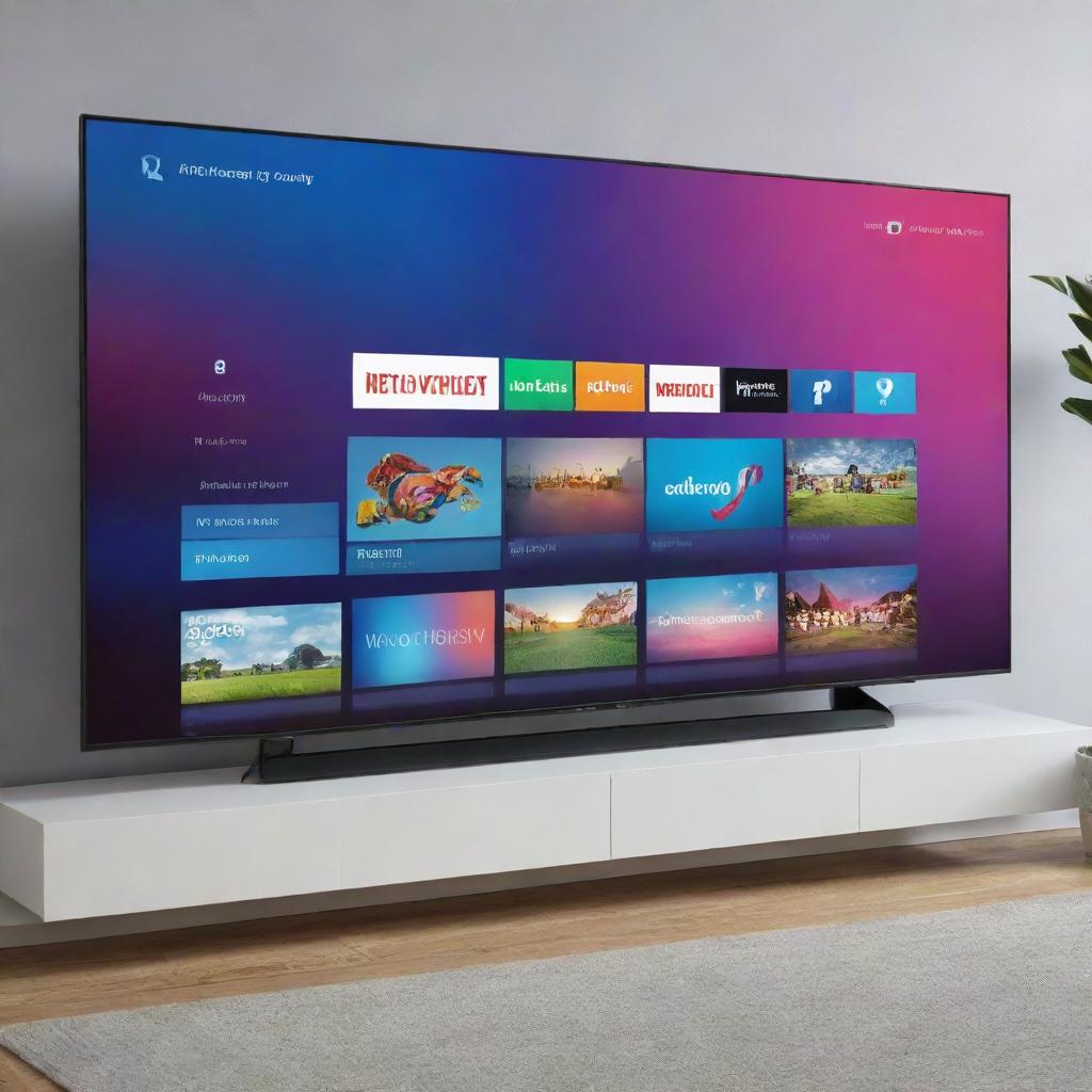 A modern, sleek smart TV with a high-resolution screen displaying a colorful, vibrant home screen. The TV is situated in a contemporary living room setting.