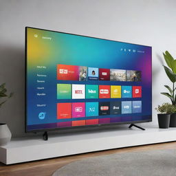 A modern, sleek smart TV with a high-resolution screen displaying a colorful, vibrant home screen. The TV is situated in a contemporary living room setting.