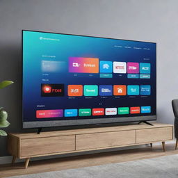 A modern, sleek smart TV with a high-resolution screen displaying a colorful, vibrant home screen. The TV is situated in a contemporary living room setting.