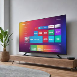 A modern, sleek smart TV with a high-resolution screen displaying a colorful, vibrant home screen. The TV is situated in a contemporary living room setting.