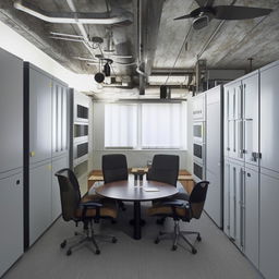 A small, elongated personal office space that doubles as a document room and meeting area, with a central round table, sophisticated filing systems, comfortable seating for meetings, and personal touches conveying a professional yet personal work environment.