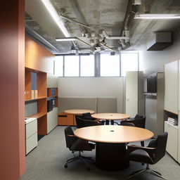 A small, elongated personal office space that doubles as a document room and meeting area, with a central round table, sophisticated filing systems, comfortable seating for meetings, and personal touches conveying a professional yet personal work environment.