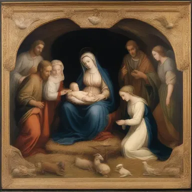 The scenario for the painting depicted the nativity scene, with Mary, Joseph, and baby Jesus surrounded by angels.