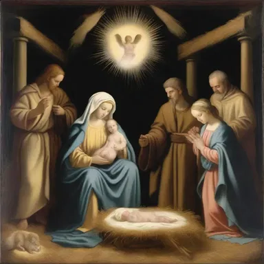 The scenario for the painting depicted the nativity scene, with Mary, Joseph, and baby Jesus surrounded by angels.
