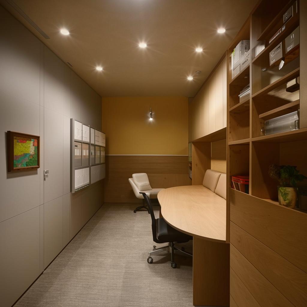 A small, elongated personal office space that doubles as a document room and meeting area, with a central round table, sophisticated filing systems, comfortable seating for meetings, and personal touches conveying a professional yet personal work environment.