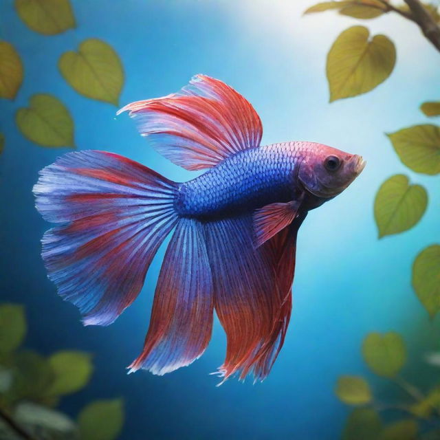 A vibrant visual of an angelic Betta fish, radiant and celestial, gliding in the bright sky. The fish is larger than a sturdy Tree of Life in the foreground. The tree is filled with lushly abundant leaves, but is somewhat lesser in size.