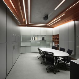 A small, elongated personal office space that doubles as a document room and meeting area, with a central round table, sophisticated filing systems, comfortable seating for meetings, and personal touches conveying a professional yet personal work environment.