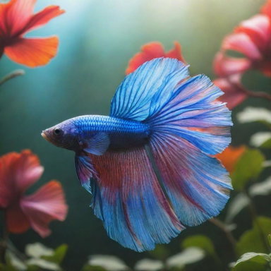 A vibrant visual of an angelic Betta fish, radiant and celestial, gliding in the bright sky. The fish is larger than a sturdy Tree of Life in the foreground. The tree is filled with lushly abundant leaves, but is somewhat lesser in size.