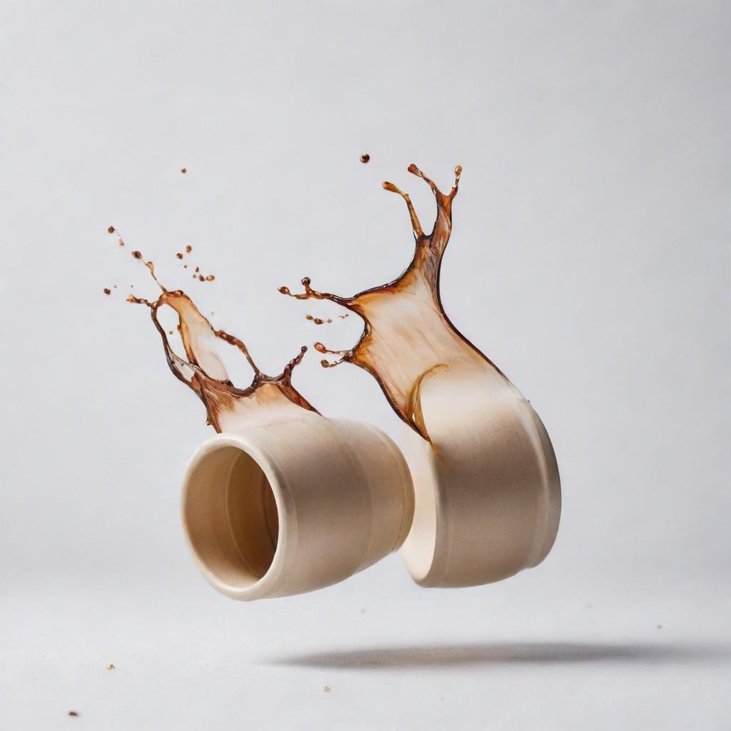 Two disposable cups in mid-air, with coffee splashing out against a pristine white background