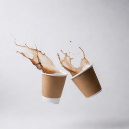 Two disposable cups in mid-air, with coffee splashing out against a pristine white background