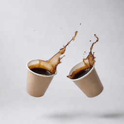 Two disposable cups in mid-air, with coffee splashing out against a pristine white background