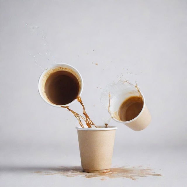 Two disposable cups in mid-air, with coffee splashing out against a pristine white background