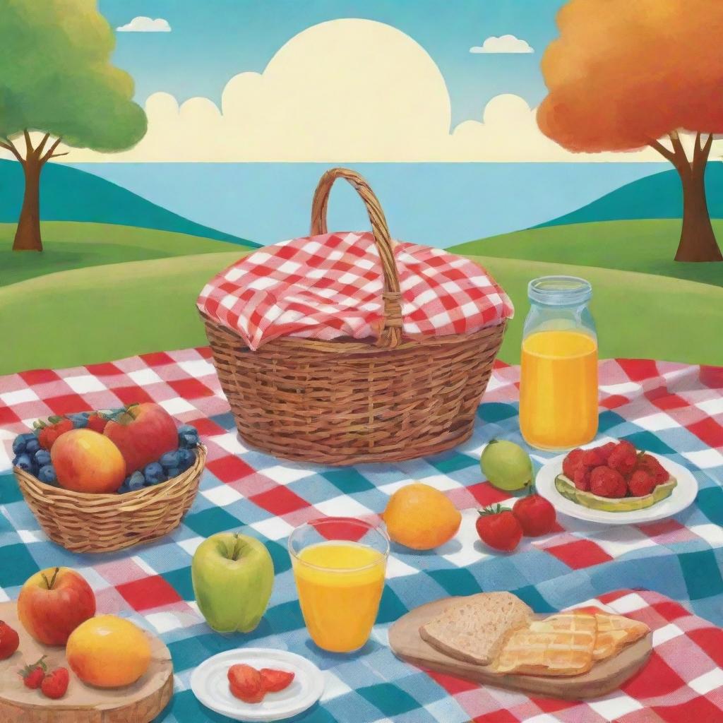 Create a cheerful picnic-themed poster with vibrant colors. Illustrate a picnic blanket, basket full of assorted food, a serene landscape in the background, and textual elements that invoke a warm, sunny day outdoors.