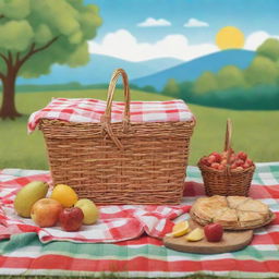 Create a cheerful picnic-themed poster with vibrant colors. Illustrate a picnic blanket, basket full of assorted food, a serene landscape in the background, and textual elements that invoke a warm, sunny day outdoors.